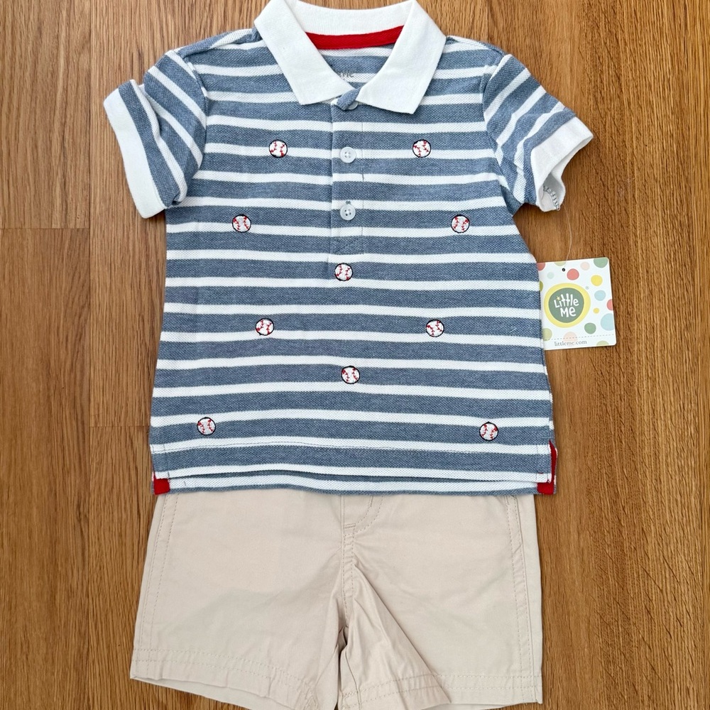 Little Me Polo Shorts Set Boys 12 Months Baseball Print NWT